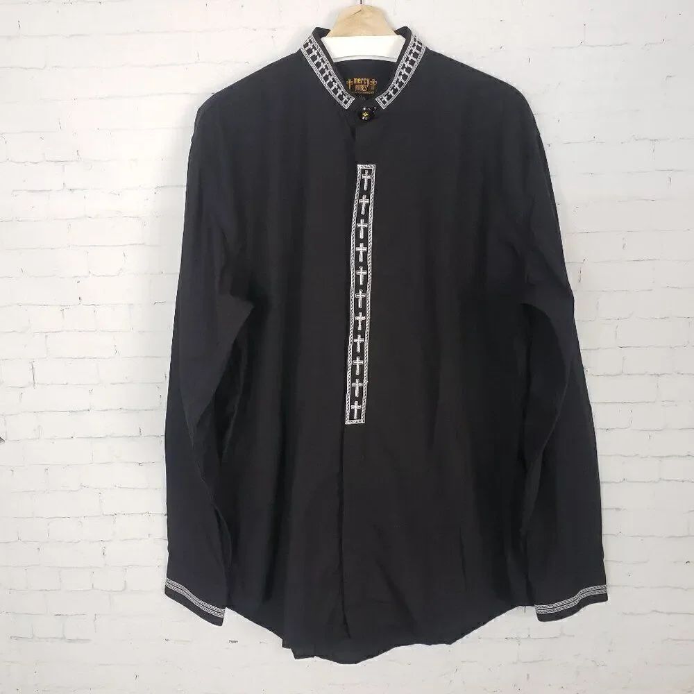 Mercy Robes Clerical Shirt Mens Size XL 17.5 36 / 37 Black Embroidered Crosses
